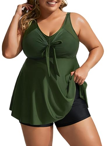 Hanna Nikole Damen Badeanzug Tankini Niedlicher Tankini mit Hüftbedeckung Floral Print Bademode mit Shorts Armeegrün 56 Große Größen von Hanna Nikole