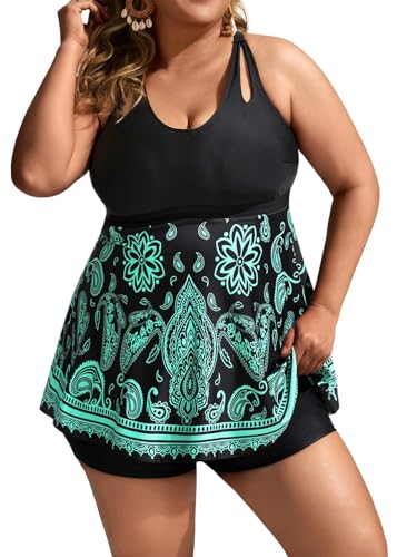 Hanna Nikole Damen Badeanzug Tankini Niedlicher Tankini mit hüftbedeckendem Blumendruck Badebekleidung mit Shorts Schwarz-Grün Patchwork S von Hanna Nikole