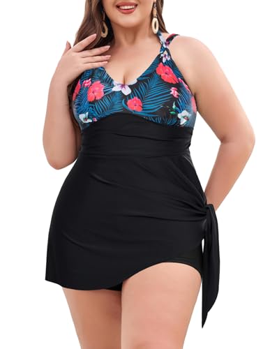 Hanna Nikole Damen Bademode Zweiteiliger Große Größe Tankini Set Bauchkontrolle Elastische Sexy Boxershort Schwarz Rote Blume 48 von Hanna Nikole