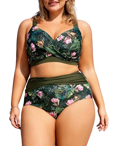 Hanna Nikole Damen Bauchweg Badeanzug Große Größe Push Up Sexy Beachwear Olivgrüne Blume 42 von Hanna Nikole