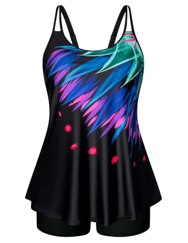 Hanna Nikole Damen Bauchweg Bademode Große Größe Tankini mit Hohe Taille Badeshorts Bunte Blumen 42 von Hanna Nikole