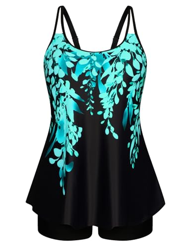 Hanna Nikole Damen Bauchweg Bademode Große Größe Tankini mit Hohe Taille Badeshorts Grüne Weidenblätter 42 von Hanna Nikole