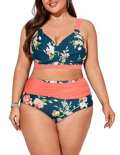 Hanna Nikole Damen Bauchweg Bikini Große Größe Push Up Badeanzug Strandkleid Rot & Dunkelgrün 44 von Hanna Nikole