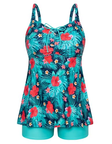 Hanna Nikole Damen Bauchweg Tankini Spaghetti Straps Bathing Suit Rote Blüten & Grüne Blätter 54 von Hanna Nikole