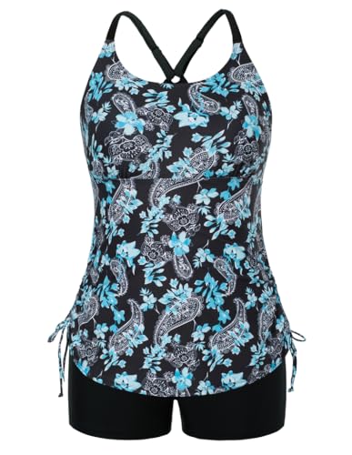 Hanna Nikole Damen Bauchweg Tankini Spaghetti Straps Große Größen Bathing Suit Schwarz & Blaue Blattblume 54 von Hanna Nikole