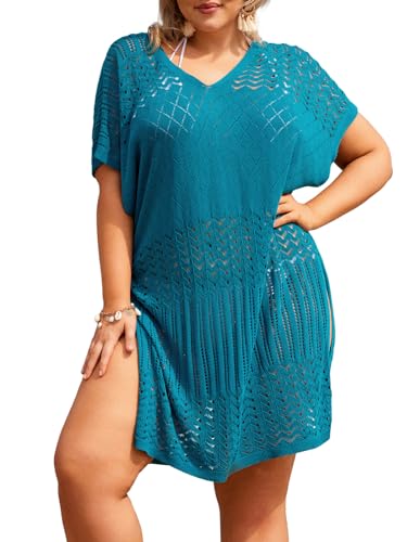 Hanna Nikole Damen Bikini Cover Ups Große Größe Strandkleid Elastische Beachwear V Ausschnitt Strandponcho Blau 48 von Hanna Nikole