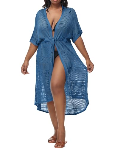 Hanna Nikole Damen Bikini Cover up Kimono Cardigan Lang Cardigan Bedecken Strickjacke Strandkleid 54, Dark Blue(Gestrickte) von Hanna Nikole