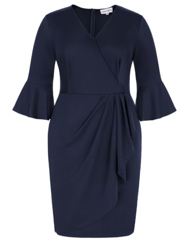 Hanna Nikole Damen Casual Kleid 3/4 Ärmel V-Ausschnitt Elegant Freizeitkleid Cocktailkleid Große Größen Navy Blau 52 von Hanna Nikole