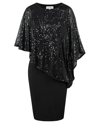 Hanna Nikole Damen Chiffon Glitzer Pailletten Sequins Cocktailkleid Cape Business Kleider Schwarz 48 von Hanna Nikole