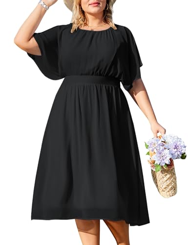 Hanna Nikole Damen Chiffon Kleid Rüschenärmel Knielang Freizeitkleider für Mollige Schwarz 50 von Hanna Nikole