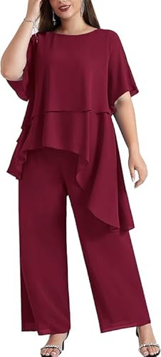 Hanna Nikole Damen Chiffon Rundhalsausschnitt Brautmutter Hosenanzug Unregelmäßig Vorne Kurz Hinter Lang Hosenanzug Damen Chiffon für Hochzeit Abendkleid Weinrot 50 von Hanna Nikole