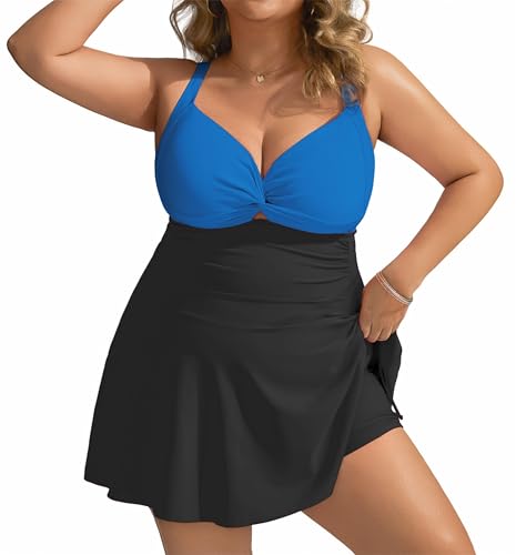 Hanna Nikole Damen Einteilige Badeanzug V-Ausschnitt Elegant Badeanzugkleid Badekleid Schwimmrock Baderock Tankini Saphirblau 54 Große Größen von Hanna Nikole