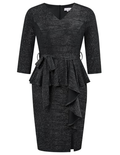 Hanna Nikole Damen Elegant Etuikleid Vintage V-Ausschnitt Bleistiftkleid mit Rüschensaum Wear für die Arbeit Büro Cocktail Kleid Schwarz 54 von Hanna Nikole