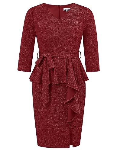 Hanna Nikole Damen Elegant V-Ausschnitt 3/4 Arm Business Cocktailkleid Bleistiftkleid mit Rüschensaum Wear für die Arbeit Büro Weinrot 54 von Hanna Nikole