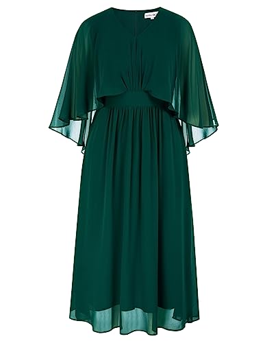 Hanna Nikole Damen Elegante Chiffon Cocktailkleid Rüschen Cocktailkleid Mit Overlay Plus Size Elegante A-Line Hochzeitkleid Cape Sleeves Festkleid Dunkelgrün 52 von Hanna Nikole