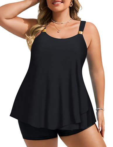 Hanna Nikole Damen Freizeit Tankini Große Größe Flowy Badeanzug Bauchkontrolle Bademode mit Swim Shorts Schwarz 52 von Hanna Nikole
