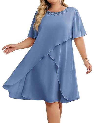 Hanna Nikole Damen GroßE GrößE Chiffon Abendkleider Kleider Hochzeitsgäste Mit Pailletten Rundhalsausschnitt Elegant Cocktailkleid Festlich Midikleid FüR Die Brautmutter von Hanna Nikole