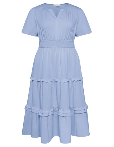 Hanna Nikole Damen Große Größe A-Linie Kleid Gestuftes Midikleid Casual Freizeitkleider mit Taschen Himmelblau 52 von Hanna Nikole