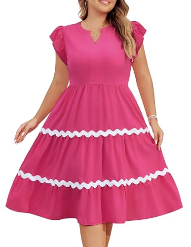 Hanna Nikole Damen Große Größe A-Linie Kleid V Ausschnitt Midikleid Schöne Freizeitkleider mit Taschen Rosenrot 48 von Hanna Nikole