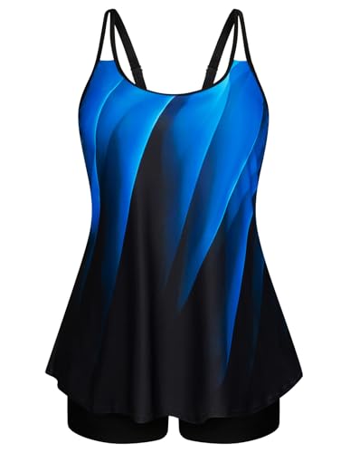 Hanna Nikole Damen Große Größe Badeanzug Bauchkontrolle Bademode Zweiteiliger mit Badehose Blaue Geometrie 42 von Hanna Nikole