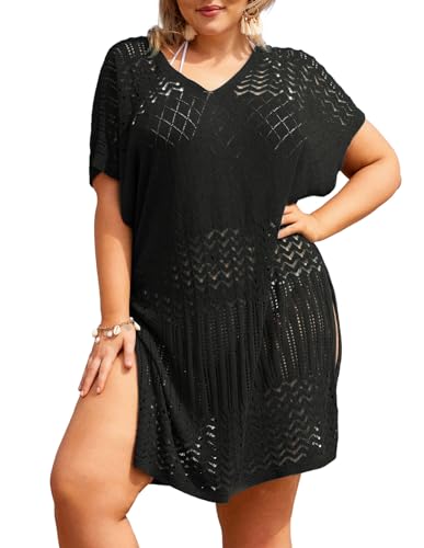 Hanna Nikole Damen Große Größe Badeanzug Cover-Up Kurzarm Strandkleid Lang Beachwear Schwarz 52 von Hanna Nikole