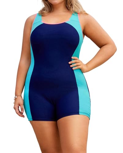 Hanna Nikole Damen Große Größe Bauchweg Hohe Taille Badeanzug Kontrastfarben Ausgehöhlter Rücken Bikini Marineblau Seeblau 48 von Hanna Nikole