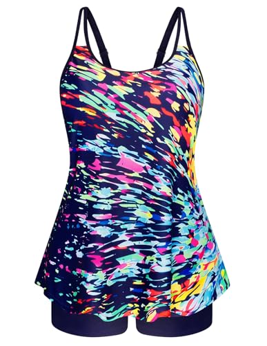 Hanna Nikole Damen Große Größe Bauchweg Tankini Zweiteiliger Badeanzug Hohe Taille Bademode A-Linie Badeoberteile Bunte Farbverlaufspunkte 42 von Hanna Nikole