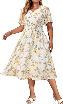 Hanna Nikole Damen Große Größe Freizei Midikleide A Linien Kleide Rüschen Ärmel Sommer Kleider Elastische Taille Knielang Dress Mit Taschen Beiger Druck 50 von Hanna Nikole