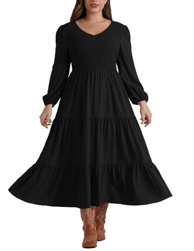 Hanna Nikole Damen Große Größe Gestuftes Maxikleid Renaissance A-Liniekleid Gesmokt Freizeitkleider mit Taschen Schwarz 52 von Hanna Nikole