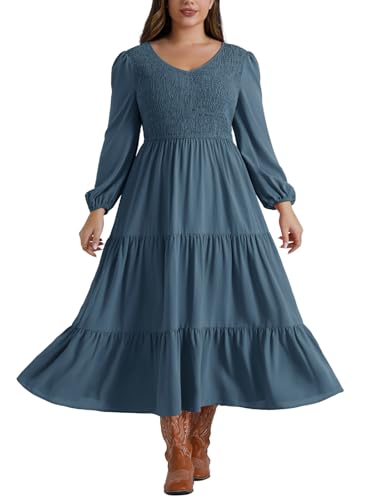 Hanna Nikole Damen Große Größe Lang Elegant Freizeitkleider V-Ausschnitt Elastischer Taille Gestuftes Cocktailkleid Grau Blau 48 von Hanna Nikole