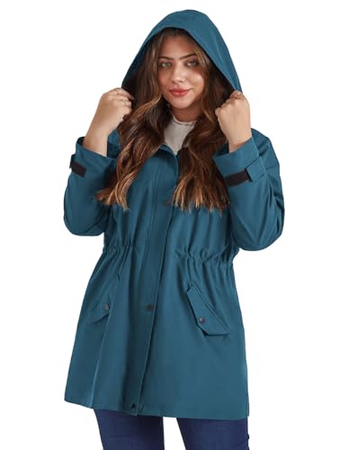 Hanna Nikole Damen Große Größe Leicht Regenmantel Wasserdicht Regenjacke Kordelzug Taille Windbreaker mit Taschen Pfauenblau 48 von Hanna Nikole