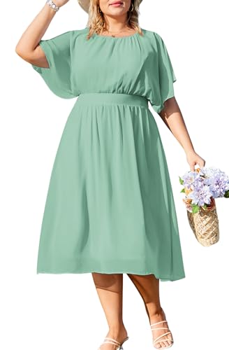 Hanna Nikole Damen Große Größe Midilang Freizeitkleider Rundhalsausschnitt Festlichkleid Hellgrün 48 von Hanna Nikole