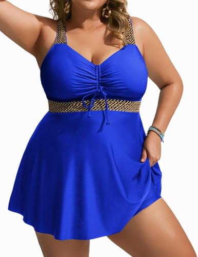 Hanna Nikole Damen Große Größe Push Up Bademode Zweiteiliger Elastischer Taille Tankini Bauchweg Badekleid Königsblau 50 von Hanna Nikole
