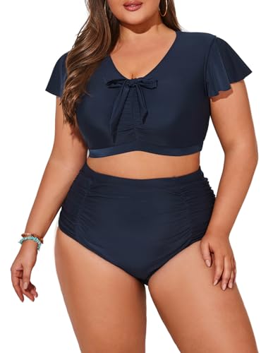 Hanna Nikole Damen Große Größe Push Up Bikini Bauchweg Badeanzug Flatterärmel Bademode Navy Blau 52 von Hanna Nikole