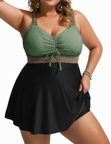 Hanna Nikole Damen Große Größe Push Up Tankini Elastischer Taille Badeanzug V Ausschnitt Badekleid Bohnengrün 46 von Hanna Nikole