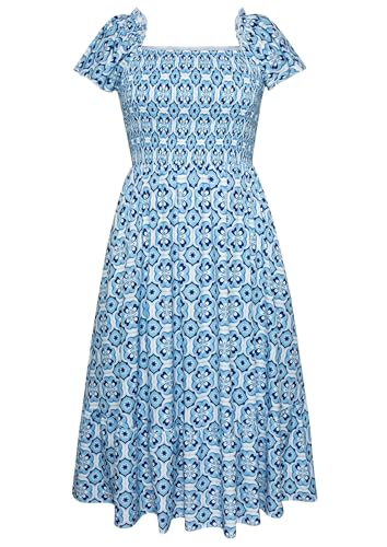 Hanna Nikole Damen Große Größe Rüschenärmel A-Linie Kleid Casual Midikleid Freizeitkleider Blaue Geometrie 48 von Hanna Nikole
