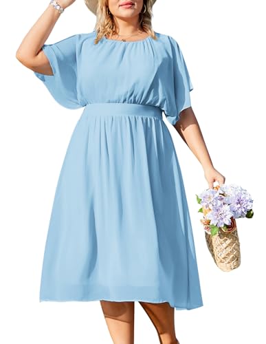 Hanna Nikole Damen Große Größe Rüschenärmel Chiffon Kleid Midi Dehnbarem Cocktailkleid Hellblau 48 von Hanna Nikole