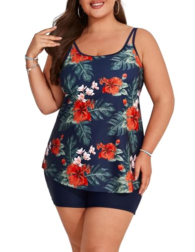 Hanna Nikole Damen Große Größe U Ausschnitt Tankini Bademoden Bauchweg Strandkleid Navy Blau Blume 52 von Hanna Nikole