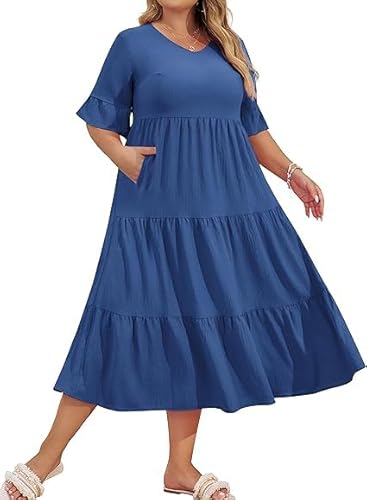 Hanna Nikole Damen Große Größe V-Ausschnitt Midikleide A Linien Kleide Schlag Ärmel Kleider Freizei Knielang Dress Mit Taschen Grau Blau 46 von Hanna Nikole