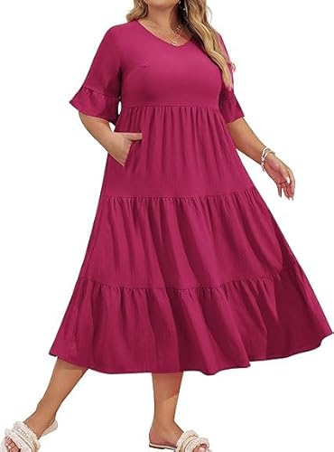 Hanna Nikole Damen Große Größe V-Ausschnitt Midikleide A Linien Kleide Schlag Ärmel Kleider Lässige Elegant Knielang Dress Mit Taschen Rosenrot 46 von Hanna Nikole