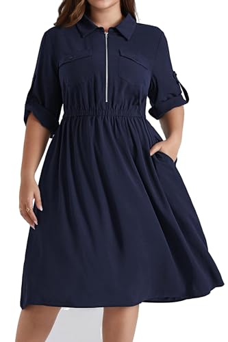 Hanna Nikole Damen Große Größen A Linien V-Ausschnitt Revers Midikleide Verstellbare 3/4 Ärmel Freizeitkleid Elastische Taille Casual Kleider Mit Taschen Dark Blue 52" von Hanna Nikole