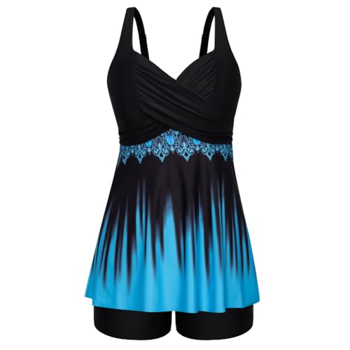 Hanna Nikole Damen Große Größen Badeanzüge Sport Drawstring Side Mode Tankini with Removable Bust Pads Seeblaue Farbverlaufsnaht 46 von Hanna Nikole