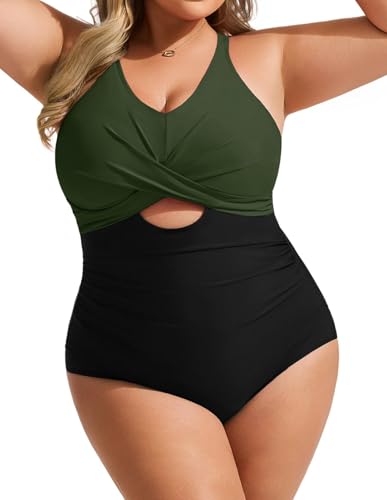 Hanna Nikole Damen Große Größen Badeanzug Push Up One Piece V Ausschnitt Badebekleidung Bauchkontrolle Monokini mit Bauchkontrolle Verstellbaren Bademode Swimsuit Armeegrün & Schwarz 52 von Hanna Nikole