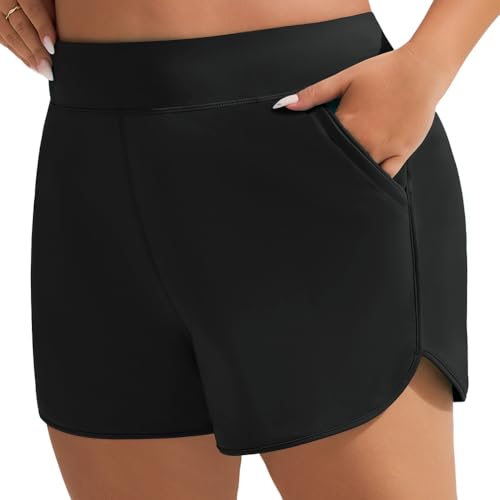 Hanna Nikole Damen Große Größen Badeshorts Hohe Taille Bauchkontrolle Schwimmunterteil mit Taschen Badehose für Strand Surf Beach Schwarz 48 von Hanna Nikole
