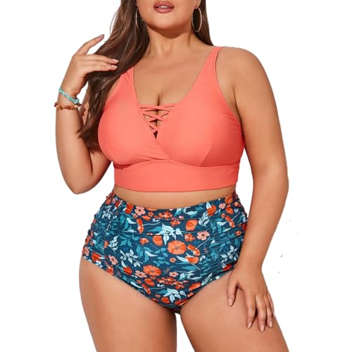 Hanna Nikole Damen Große Größen Bauchweg Bikini Sets Beach Fashion Swimsuit Orangene & Blume 54 von Hanna Nikole