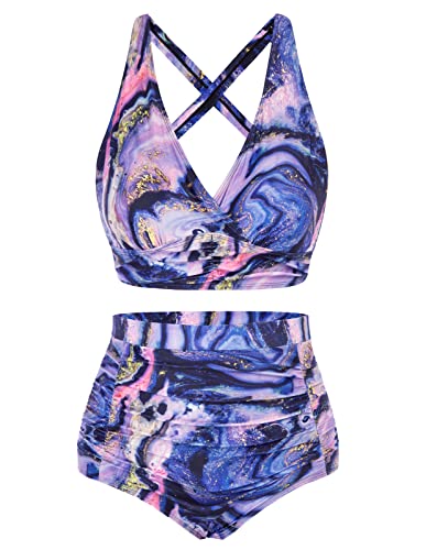 Hanna Nikole Damen Große Größen Bauchweg Bikini Sets Print Bademode Swimsuits Lila Wellenmuster 52 von Hanna Nikole