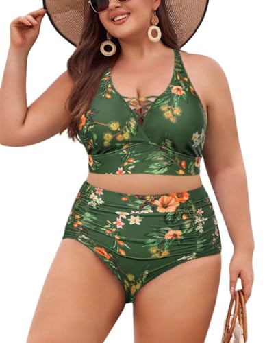 Hanna Nikole Damen Große Größen Bauchweg Bikini Sets Ruched Bikini Bottom Grüne Basis und rote Blume 44 von Hanna Nikole