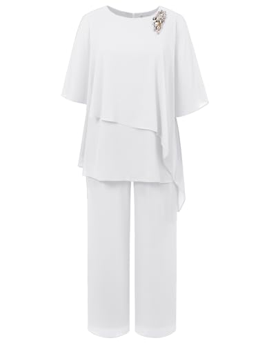 Hanna Nikole Damen Große Größen Chiffon Abendanzug Sets Cocktail Party Festlich Elegant 2-Teiliges Set Weiß L von Hanna Nikole