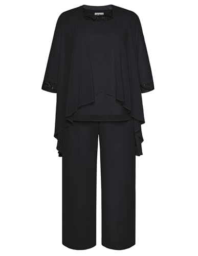Hanna Nikole Damen Große Größen Chiffon Abendanzug Sets Cocktail Party Festlich Elegant 3-Teiliges Set Rundhals 3/4 Ärmel Und Hohe Taille Hosenanzug Schwarz 50 von Hanna Nikole
