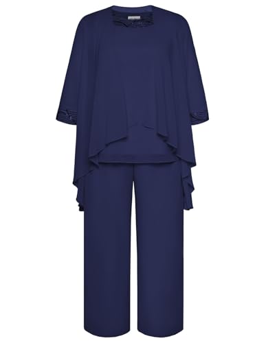 Hanna Nikole Damen Große Größen Chiffon Hosenanzug Zweiteiler Rundhals Cocktailkleid für Unregelmäßiger Saum Party Brautmutter Marineblau 48 von Hanna Nikole